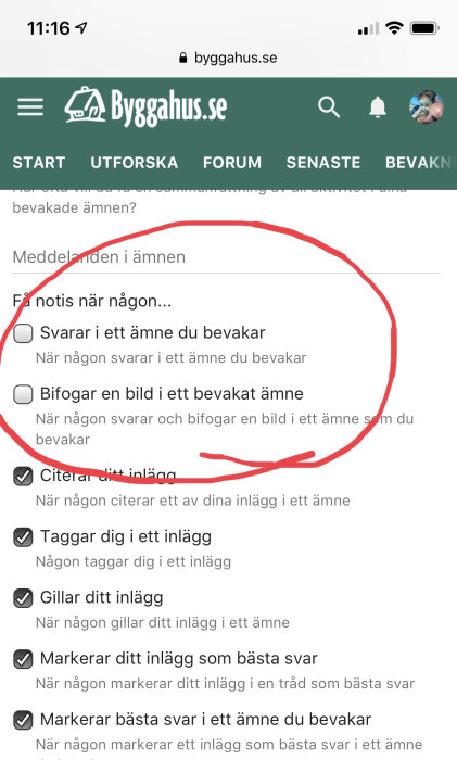 Skärmdump av bygghus.se notisinställningar, markeringar kring alternativ för att minska antal notiser.
