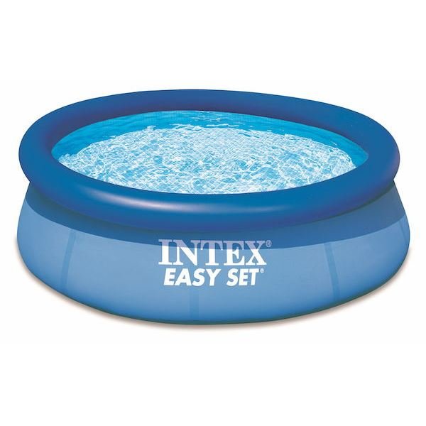 Blå uppblåsbar Intex Easy Set-pool fylld med vatten.