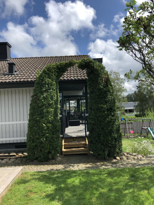 Entré med nedsågade Thujor som bildar en bågbro över trädäcket till ett hus.