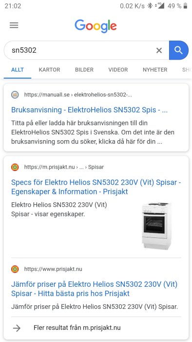 Skärmdump som visar en Google-sökning på "sn5302" med resultat om ElektroHelios SN5302 230V spis.