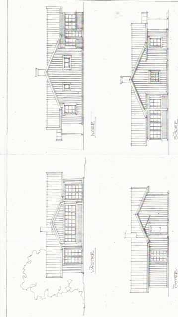 Arkitektritningar av ett sommarhus med markerade detaljer för färgsättning enligt inlägg.