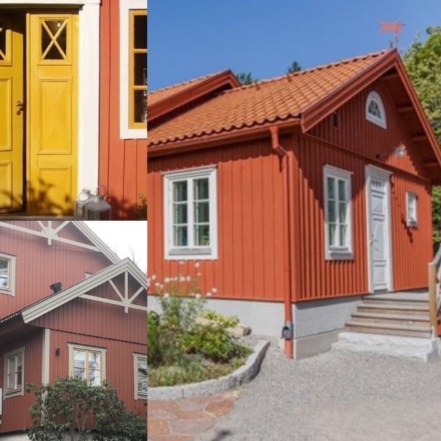 Collage av traditionellt rött sommarhus med detaljer i guldockra och varmgrått, inklusive färgsättningsexempel.