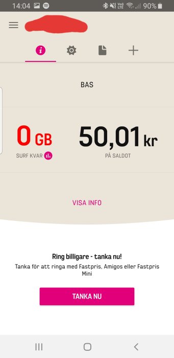 Mobilskärm med 0 GB surf kvar och 50,01 kr saldo, med knapp för att tanka mer saldo.