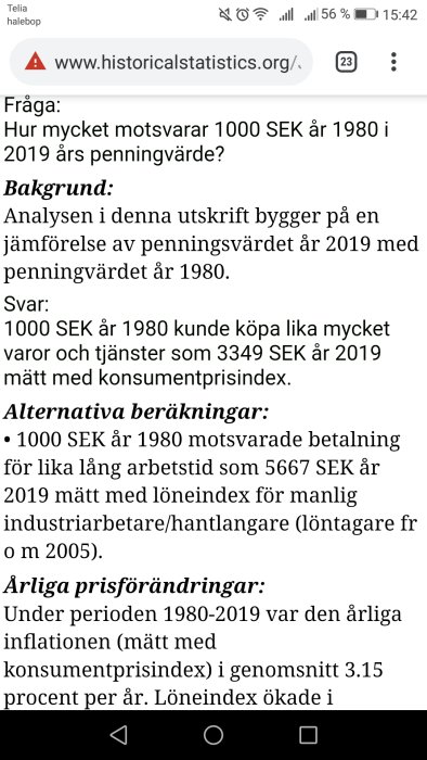 Skärmavbild av webbsida med fråga om penningvärdets motsvarighet mellan 1980 och 2019 enligt konsumentprisindex.