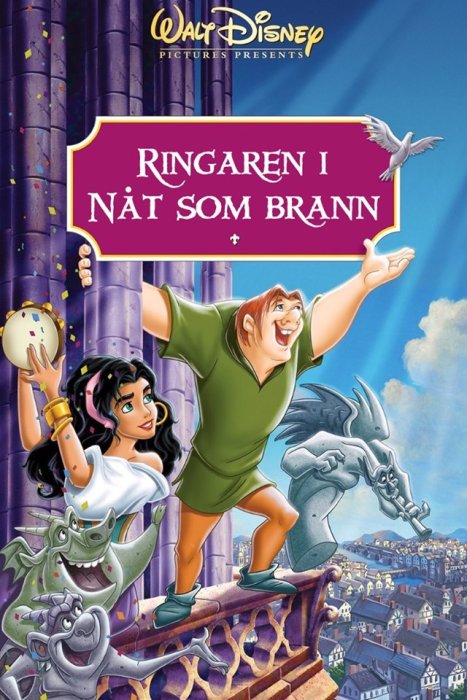 Filmaffisch för "Ringaren i Notre Dame" med animerade karaktärer Quasimodo och Esmeralda på en katedral.