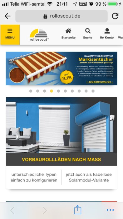 Skärmdump av en webbsida som visar markiser och ytterpersienner med priser och konfigurationsalternativ.