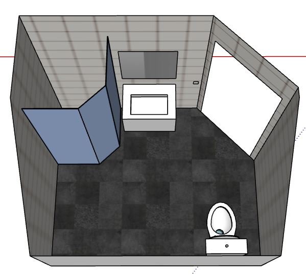 SketchUp-ritning av ett badrum i en vindsvåning med snedtak, innehållande dusch, toalett och handfat.