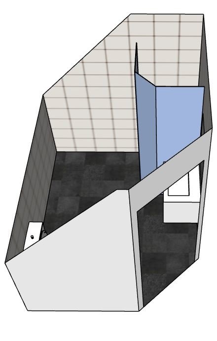 SketchUp ritning av en badrumsplanlösning med snedtak, öppen dörr och positionerade badrumsobjekt.