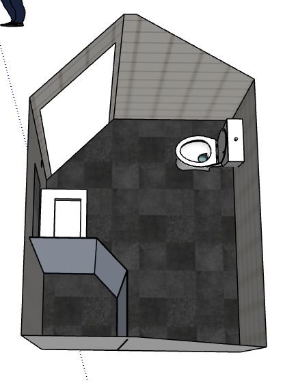 3D-SketchUp-modell av ett badrum med snedtak, toalett och fönster placerat centralt i taket.