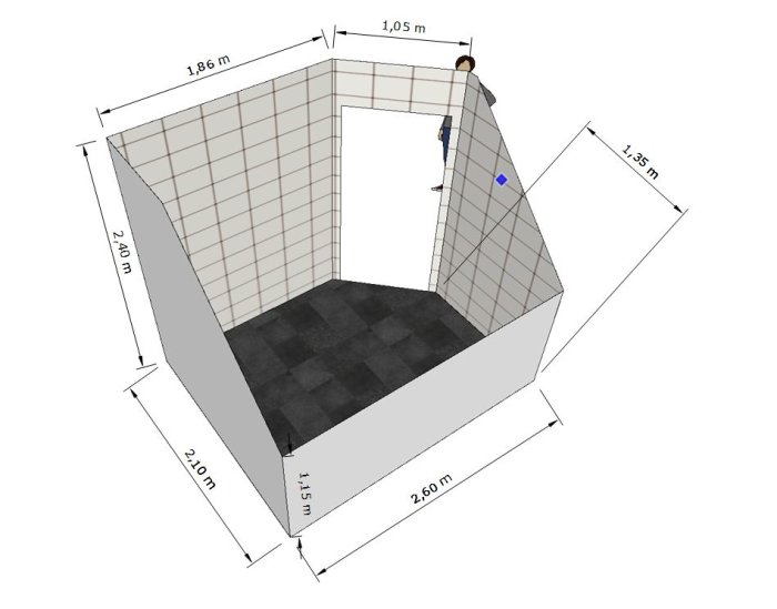 3D-SketchUp-modell av ett badrum med snedtak, dimensioner och layout angivna.