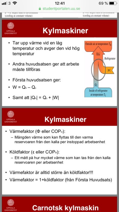 Skärmbild av en presentationsbild om termodynamik och kylmaskiner med formler och text från Uppsala Universitet.