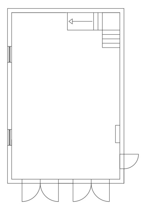 Ritning av ett garage med mått, luftvärmepump och planerad ventilation, utan detaljer.