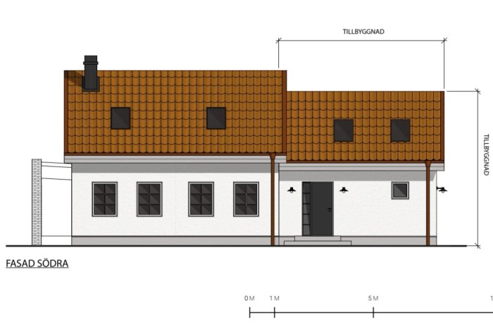 Arkitektritning av en husfasad med tillbyggnad, tegeltak, fönster och dörrar.