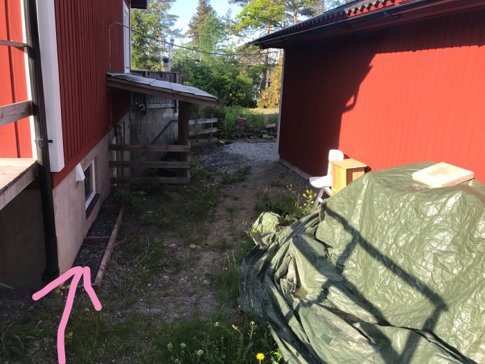 Mark lutande mot ett rött hus markerad med en rosa pil vid hussidan (A) för att visa var marken ska höjas.