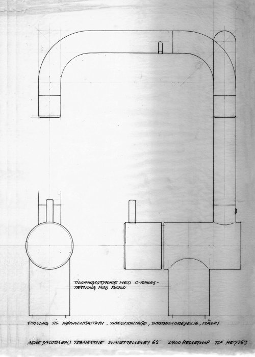 Ritning av Arne Jacobsens klassiska VOLA-kran designad 1968, visar plan- och sidovy.