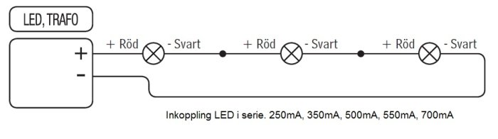 Schematisk illustration av seriekoppling för LED med transformator och strömvärden.