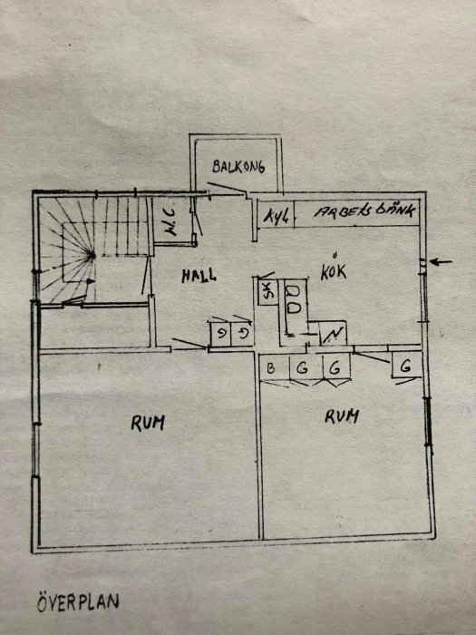 Handritad planritning av övervåningen i ett 1930-tals lösvirkeshus med markerad position mellan hall och kök.