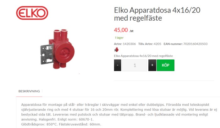 Elko apparatdosa 4x16/20 i rött med regelfäste, visad tillsammans med pris och artikelinformation.