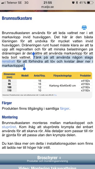 Skärmbild av en webbsida med text om montering och dimensioner för en brunnslösning, samt tabeller och länkar.
