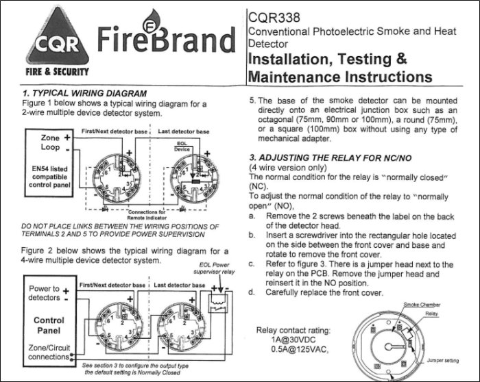 Installationsinstruktioner för en branddetektor, inklusive kopplingsschema och justeringsanvisningar.