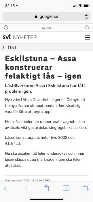 Nyhetsskärm med artikel om Assa låsproblem, modellerna Evo 2002 och 410/411.