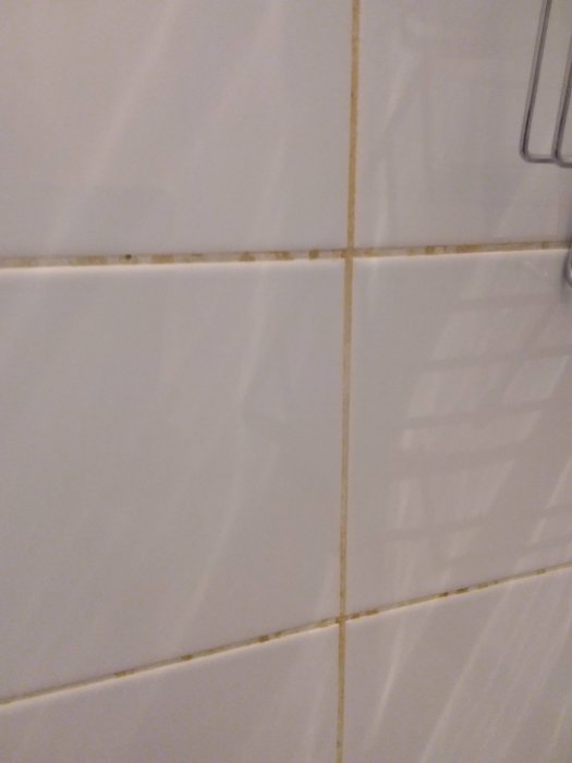 Missfärgad silikonfog mellan vita kakelplattor i ett badrum.