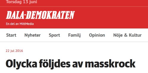 Webbsidan för tidningen "Dala-Demokraten" med en artikelrubrik om en masskrock.