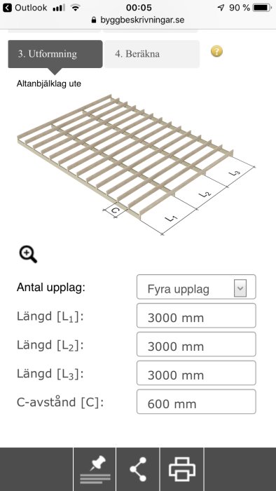 3D-illustration av altanbjälklag ute med dimensioneringsalternativ för fyra upplag och 3000 mm bjälkar.