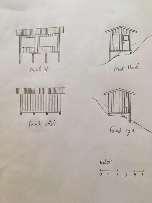 Handritade skisser av byggprojektets olika fasader med skala.