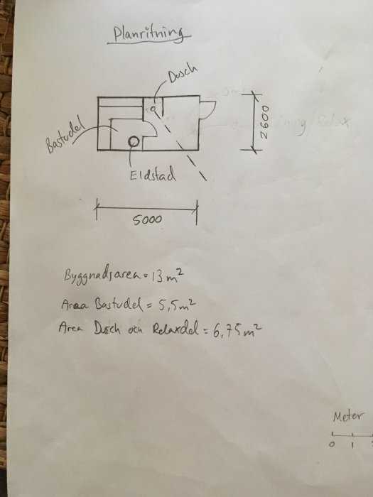 Handritad skiss över planlösning för bastu- och duschområde med måttangivelser.