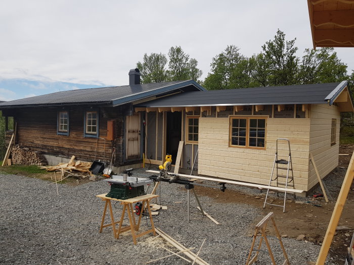 Ny träpanel monteras på hus under klar himmel med såg och byggmaterial i förgrunden.