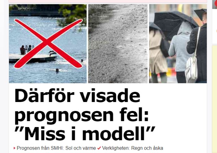 Artikelcollage jämför väderprognos med verklig regnig och åskig dag, rött kryss över soligt landskap.