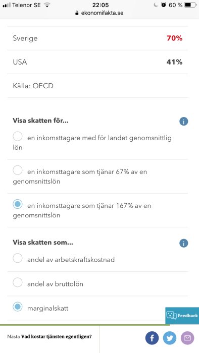 Skärmdump som visar jämförelse av marginalskatt i Sverige och USA för höginkomsttagare, 70% respektive 41%.