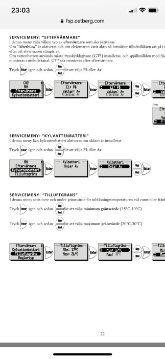 Skärmdump av servicemeny för eftervärmare, kylvattenbatteri och tilluftgräns från en instruktionsbok.