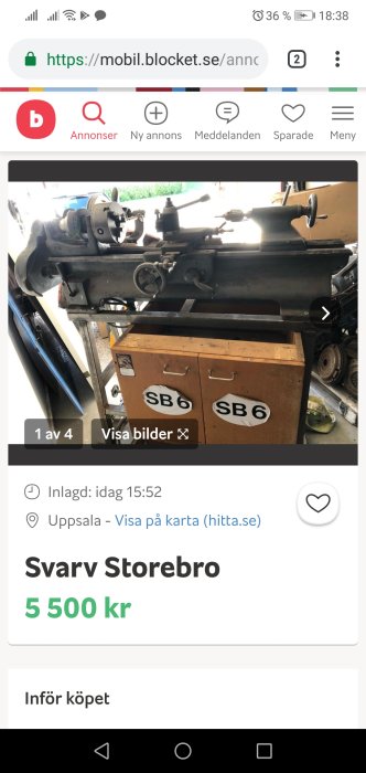 En svarv från Storebro märkt "SB6" placerad på en verkstadsbänk.