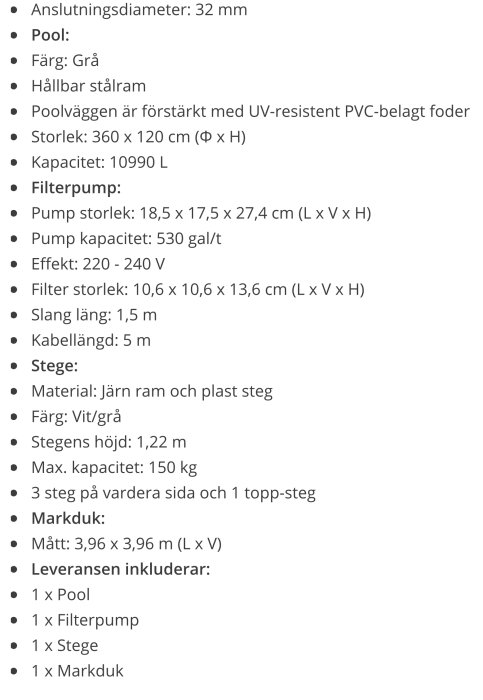 Specifikationslista för en pool med tillbehör som visar mått och detaljer som färg, kapacitet och material.