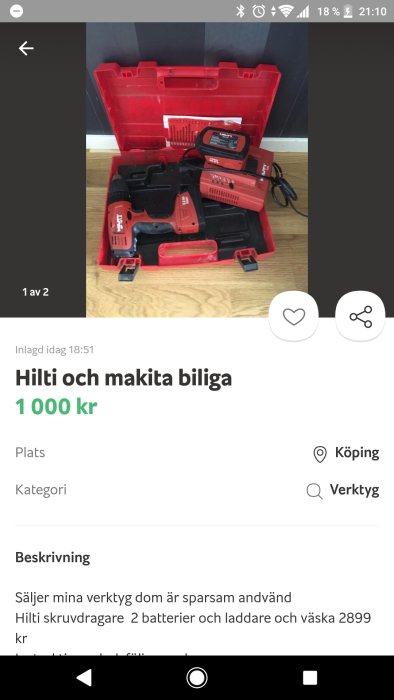 Hilti skruvdragare och batteriladdare i röd förvaringsväska, annonserad som begagnad på Blocket.