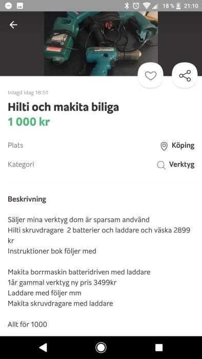 Använda Hilti och Makita elverktyg med laddare och extrabatterier till salu på Blocket-annons.