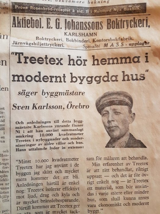 Gammal tidningsartikel där byggmästare Sven Karlsson rekommenderar Treetex för moderna hus, använd i 10,000 kvm byggnader.