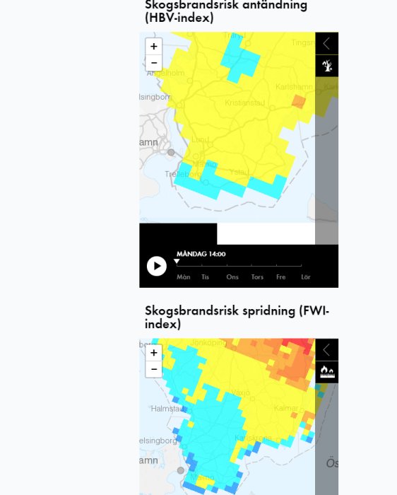 Skärmbilder av brandriskprognoser med kartor över Skåne; övre bilden visar låg risk och den undre har varierad risk.