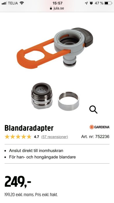 Gardena blandaradapter för inomhuskran med orange fästrem, visad ihop med andra delar.