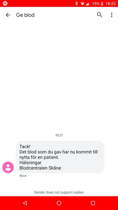 Skärmdump av en mobiltelefon med ett SMS från Blodcentralen Skåne som tackar för en bloddonation.