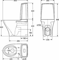 Teknisk ritning av en stols L-anslutning med dimensioner för installation nära väggen.