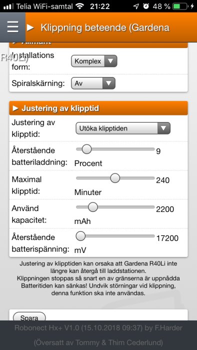 Skärmdump av gräsklipparinställningar med justering av klipptid och batterikapacitet på en mobilskärm.