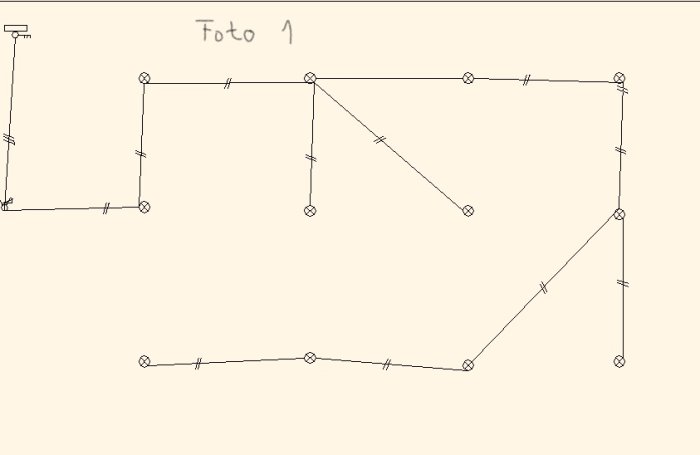 Schematisk bild som visar anslutningar mellan spotlights märkta med "Foto 1" i ett hörn.