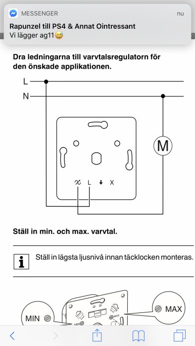 Schema för koppling av varvtalsregulator med instruktioner för min/max varvtalsinställning.
