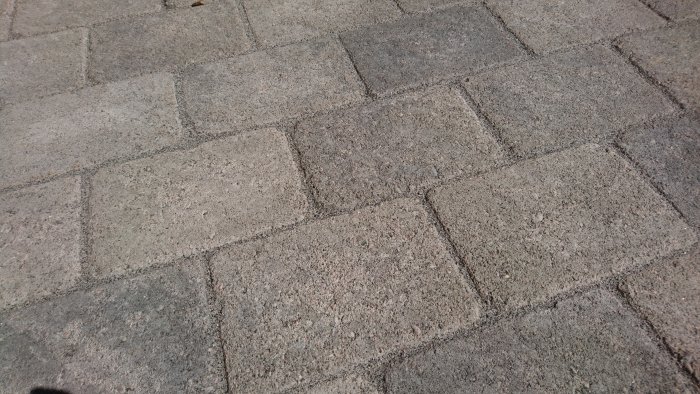 Nyomlagda markstenar med nyligen applicerad hårdfog mellan stenarna efter att ha använt högtryckstvätt.