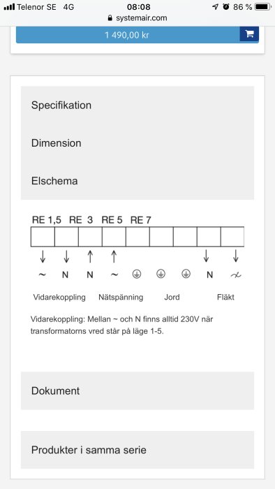 Elschema med beteckningar för vidarekoppling, nätspänning, jord och fläkt för transformator.