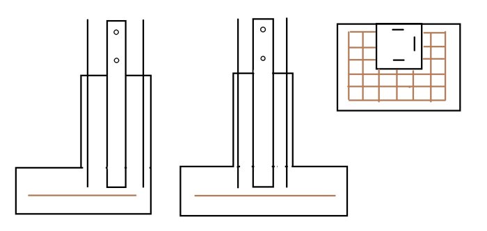 Schematiska illustrationer av pelarfundament och en armeringsplan för betonggjutning.