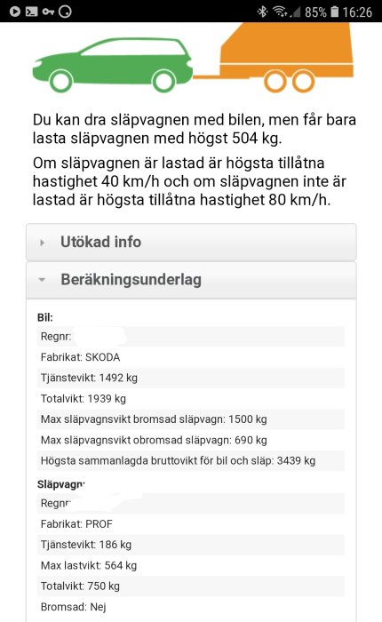 Skärmbild av en app som visar regler för bil och släpvagn, med enkel illustration av en grön bil och orange släpvagn.